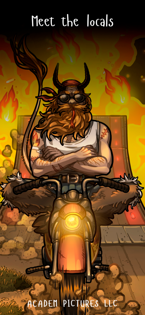 ACADEM DREAMS: Adventure & Sim - Un personaggio barbuto con le corna che guida una moto davanti a uno sfondo infuocato