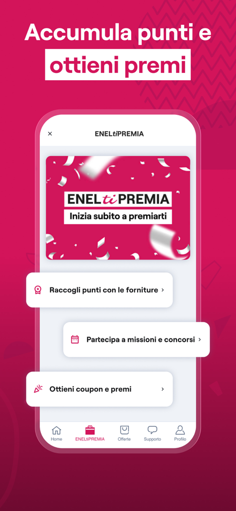 Enel Energia - Pantalla del programa de fidelidad ENELtiPREMIA de la aplicación Enel Energia con opciones para recolectar puntos y ganar recompensas