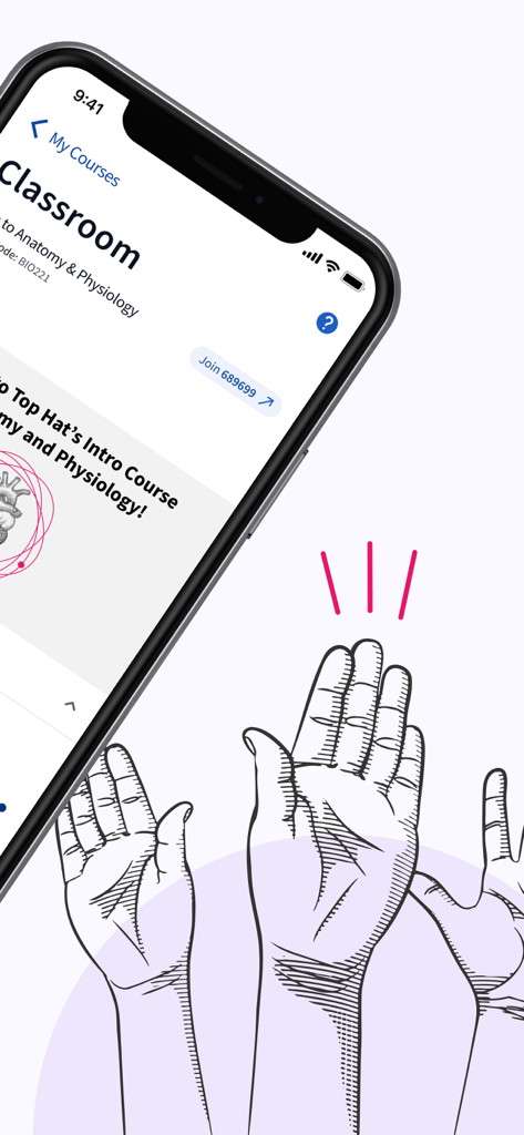Top Hat app classroom screen for anatomy and physiology with hands raised illustration