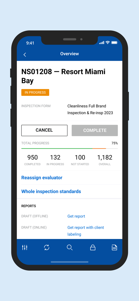 EcoSure TrueView - EcoSure TrueView mobile app dashboard displaying inspection progress and reports for a resort location.