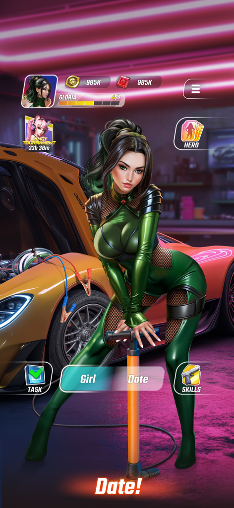 Personagem Gloria posando em uma garagem com um carro esportivo na interface do jogo Guns and Girls.