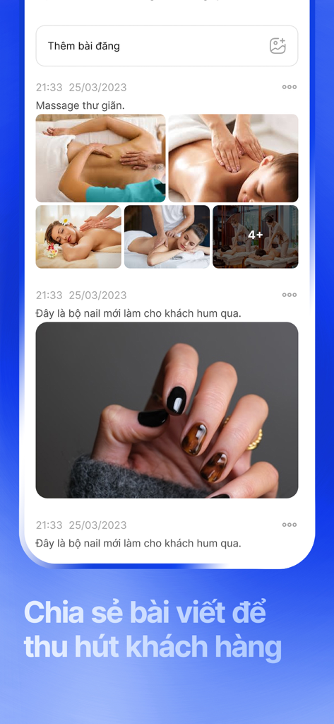Vua Tho app feed showing service provider posts for massage and nail care