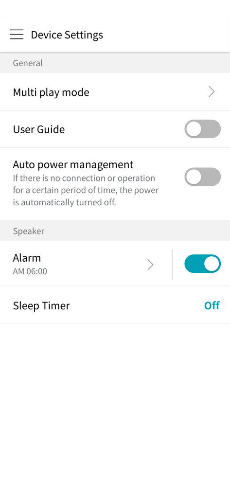 LG XBOOM – 2024 and earlier - Pantalla de configuración del dispositivo de la aplicación LG XBOOM que muestra las opciones de gestión de energía y alarma del altavoz