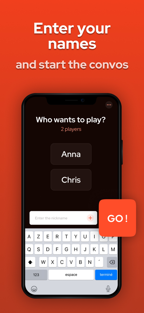 Debatium - Couple Game Convo - Oberfläche der Debatium-App, die den Bildschirmanzeige zur Spielereingabe zeigt, auf dem Paare ihre Namen eingeben, um ein Spiel zu starten