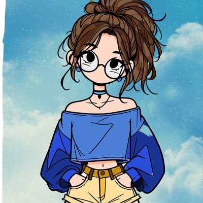 girl with a messy ponytail glasses a baggy crop top and jean shorts