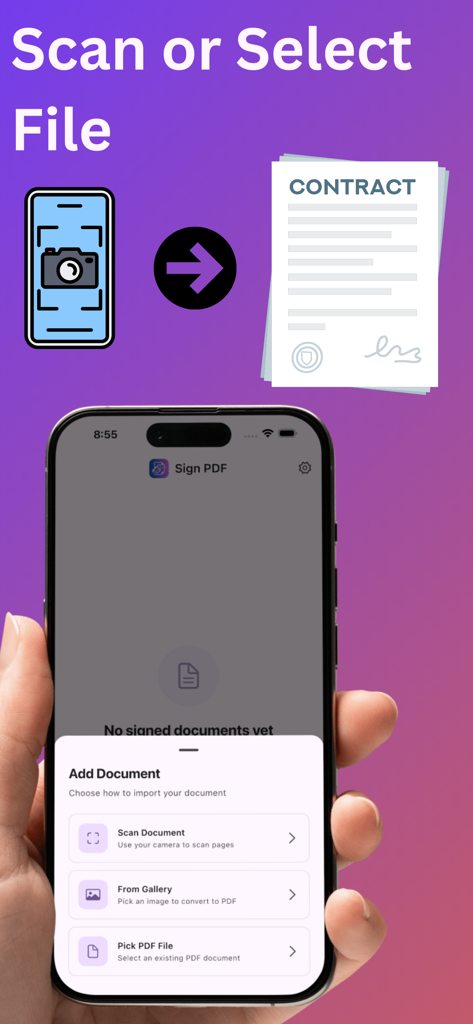 Sign PDF : Secure eSignature - 電子署名のためにドキュメントをスキャンするかPDFファイルを選択するオプションを示すモバイルインターフェース