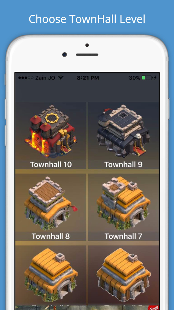 Mobile interface for selecting Clash of Clans Town Hall levels between 6 and 11