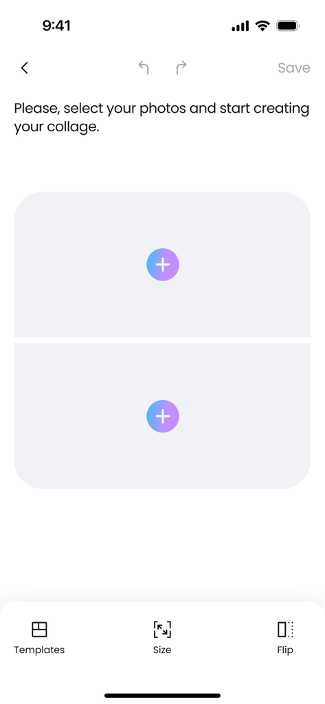 Empty two-photo collage layout in the Pic Layout app editor.