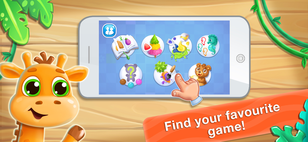 Games for learning colors 2 &4 - Una jirafa de dibujos animados junto a la pantalla de un móvil mostrando varios minijuegos educativos para niños pequeños