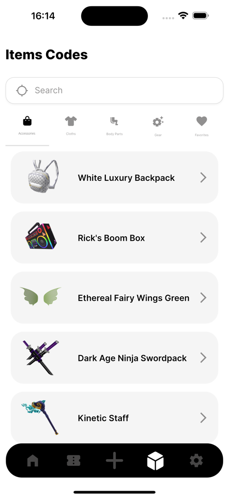 Rbx Codes For RBLX - Una interfaz de aplicación móvil que muestra una lista de códigos para objetos de Roblox como una mochila de lujo y alas de hada