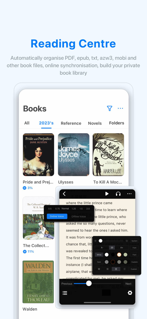 FEB (FebBox) – No ads, 1TB - FEB app Reading Centre screen showing book library and reader settings