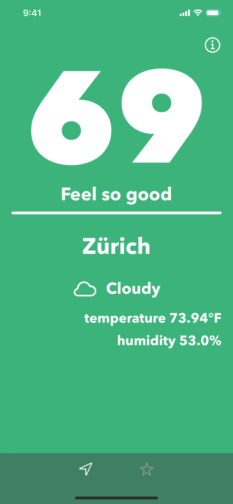 Feel - View weather comfort - Screenshot of Feel weather app showing a comfort level score of 69 for Zurich with temperature and humidity details