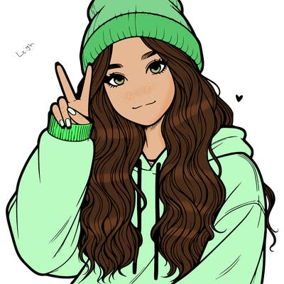 a teenage girl in a beanie, oversized sweatshirt, wavy long hair, and is showing a ✌️