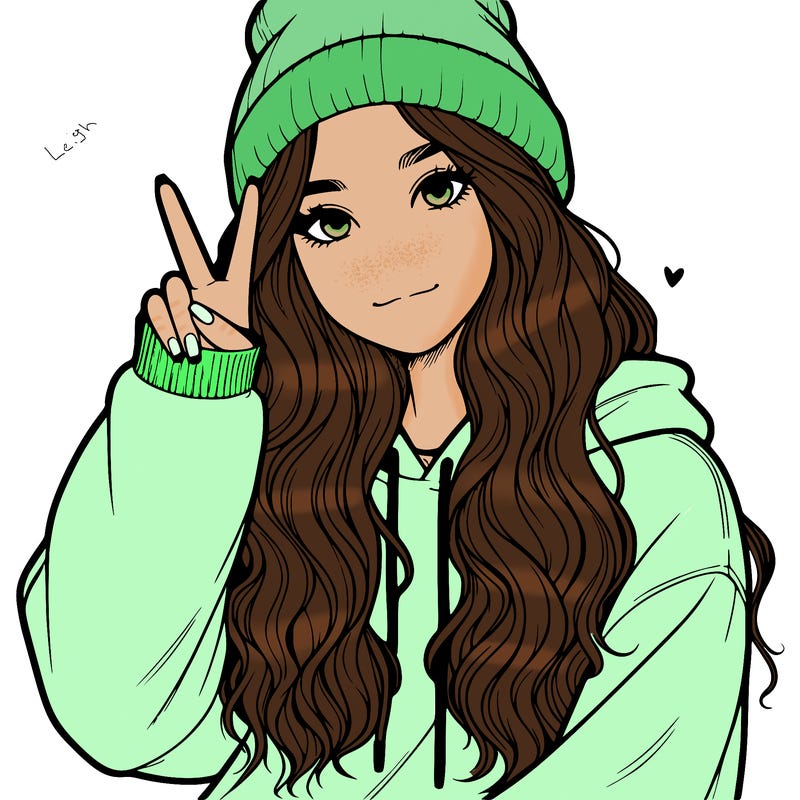 a teenage girl in a beanie, oversized sweatshirt, wavy long hair, and is showing a ✌️