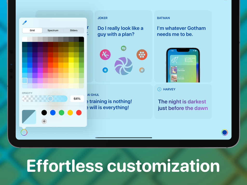 Bento|Craft Creative Workspace - Bento Craft app interface on an iPad showing a color picker tool for customizing a bento grid layout
