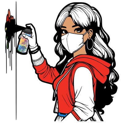 realistic girl with mask spray painting a wall