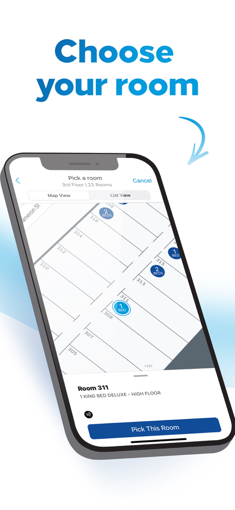 Interface do aplicativo Hilton Honors mostrando a planta de um hotel e a opção de escolher um quarto específico.