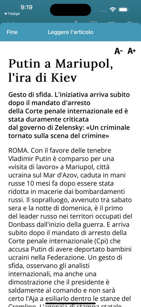 Alto Adige quotidiano - Modo de lectura de artículos en la aplicación Alto Adige quotidiano con noticias internacionales.