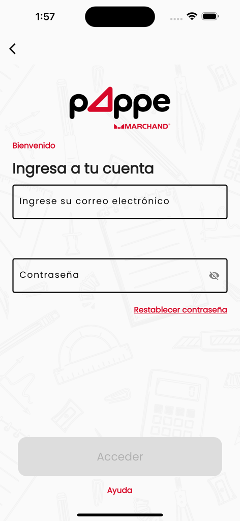 Marchand pAppe - Login screen for the Marchand pAppe stationery shopping app showing the user sign in form