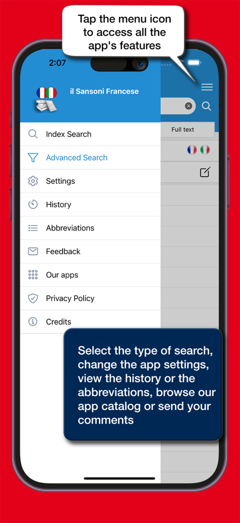 il Sansoni Francese - Side menu of the il Sansoni Francese dictionary app showing search and setting options