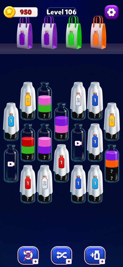 Water Sort Puzzle Order Up mobile game interface showing glass bottles with colored liquids to be sorted at level 106