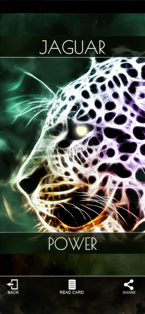 Shamanic Oracle Cards - Eine digitale schamanische Orakelkarte, die ein leuchtendes Jaguar-Geisttier mit dem Wort Macht zeigt.