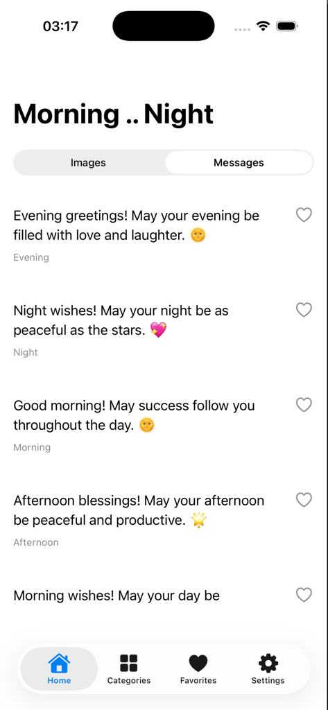 Good Morning Night Afternoon - Una lista de saludos diarios en texto para la mañana, la tarde, la noche y la madrugada en la interfaz de la aplicación.