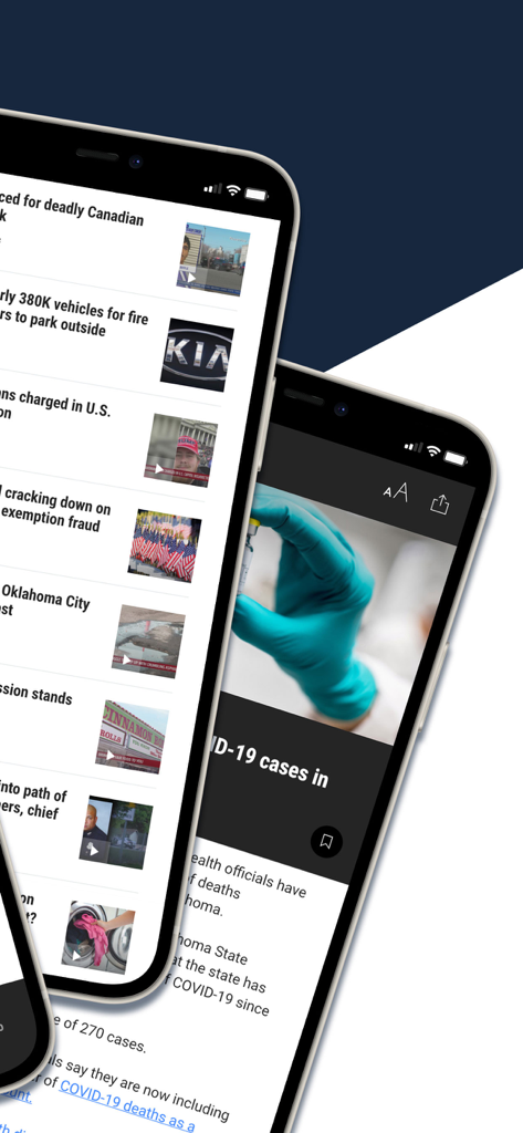 Screenshots of the KFOR News 4 app showing local news headlines and a health report on a mobile device