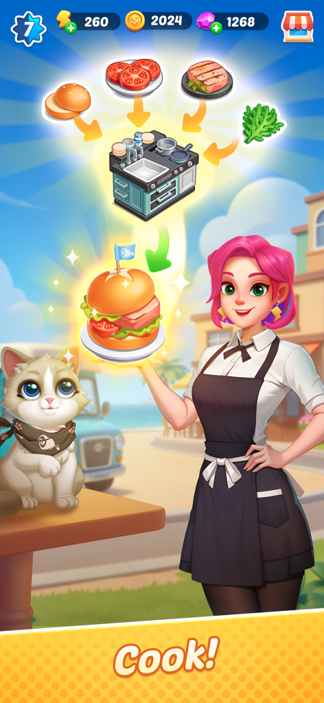 Gossip Street: Merge & Cook - A character named Emily holding a large burger next to a cute cat with a merge recipe diagram