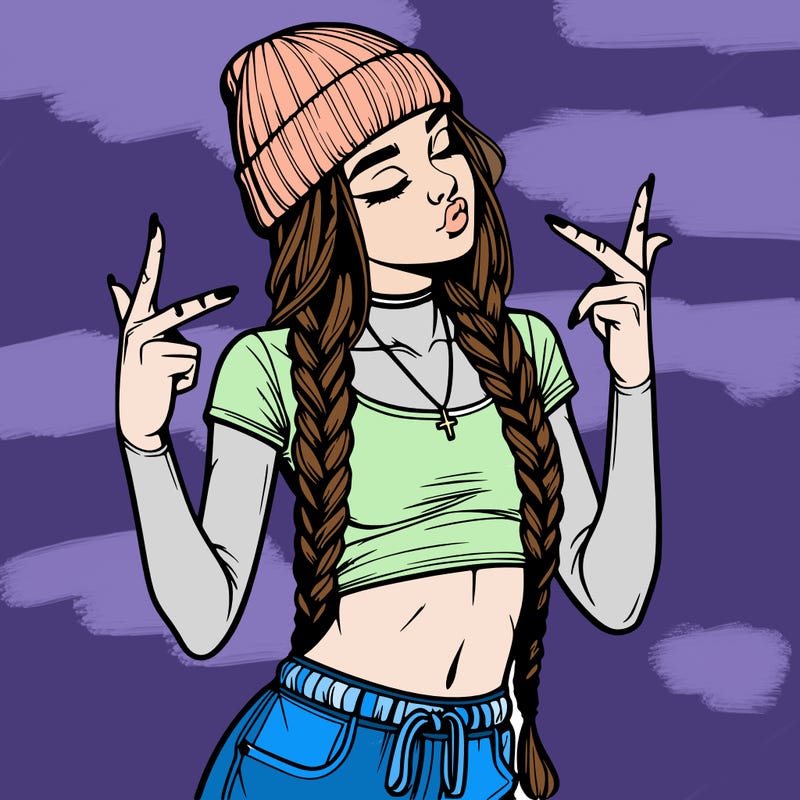 realistic teenage girl with braids and a beanie and crop top doing 🫶🏼