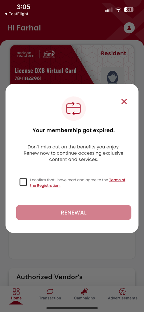 LICENSE DXB APP - Screenshot of the License DXB app showing a membership expired pop up notification with a renewal button