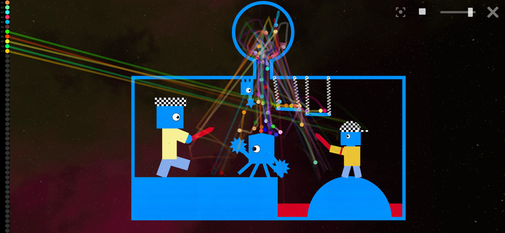 Un diseño creativo de pista de canicas con esferas coloridas y personajes cuadrados azules en un entorno de espacio digital.