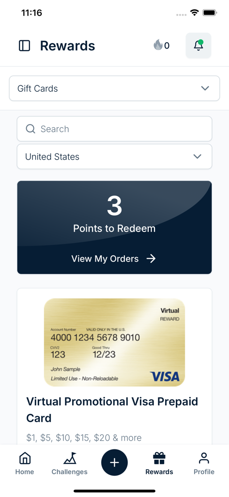 Nectar - Employee Recognition - Nectar app rewards interface showing employee points balance and a virtual Visa prepaid card option for redemption.