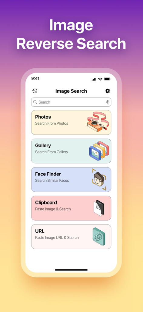 Finder – Reverse Image Search - Main screen of Finder app showing options to search by photo gallery face finder and clipboard