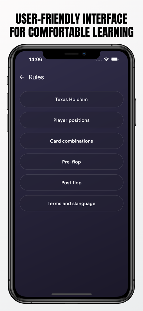 ATHYLPS - Poker Trainer - Tela do celular do aplicativo ATHYLPS Poker Trainer mostrando o menu de regras com módulos de aprendizado para Texas Holdem e combinações de cartas.