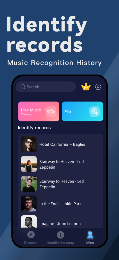 Music Recognition- Song Finder - A list of identified songs in the Music Recognition app history