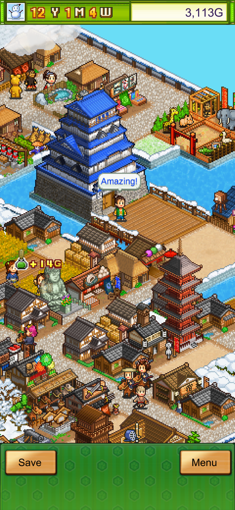 Oh! Edo Towns - A bustling pixel art Japanese castle town in Oh! Edo Towns featuring a large blue castle and a pagoda.