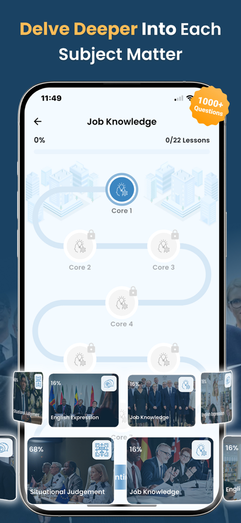 FSOT Practice Test 2026 - Mobile app interface for FSOT exam preparation showing categorized study modules and job knowledge lesson paths