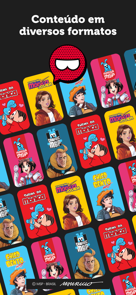 Monicaverso - Uma coleção de capas de quadrinhos digitais no aplicativo Monicaverso mostrando diferentes séries e formatos