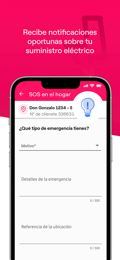 Mobile app screen for reporting an electrical emergency in the Enel Clientes Chile app