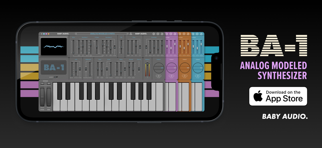 BA-1 - Baby Audio - BA-1 Synthesizer-App-Oberfläche auf einem Smartphone-Bildschirm mit mehreren bunten UI-Skins angezeigt
