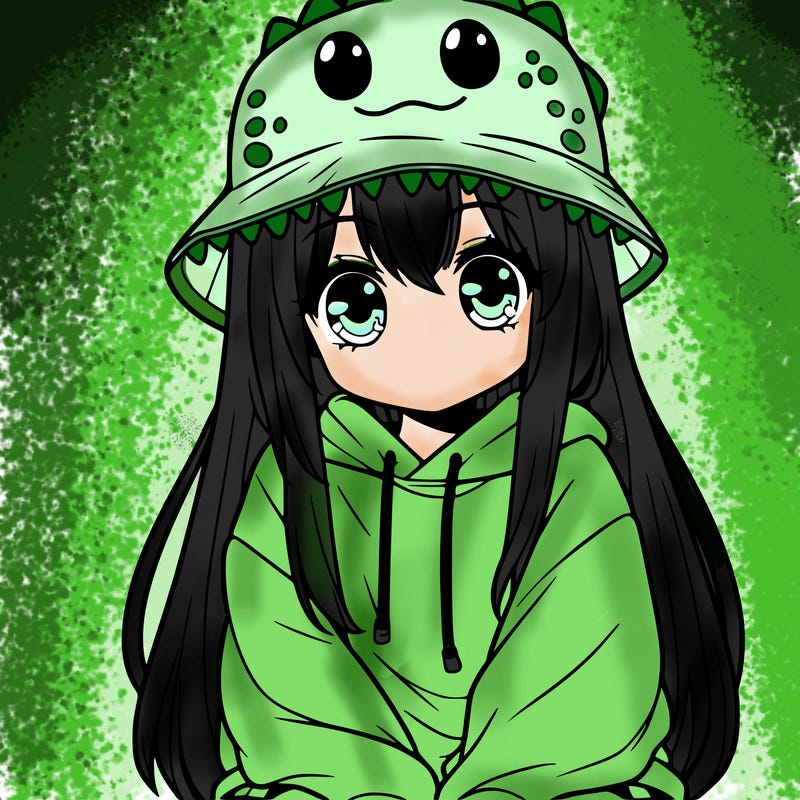 girl with anime shaped eyes with a dinosaur bucket hat oversized sweatshirt long straight hair