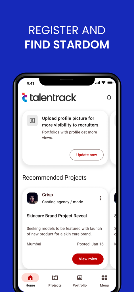 Talentrack - Talentrack app home screen featuring recommended projects for actors and models