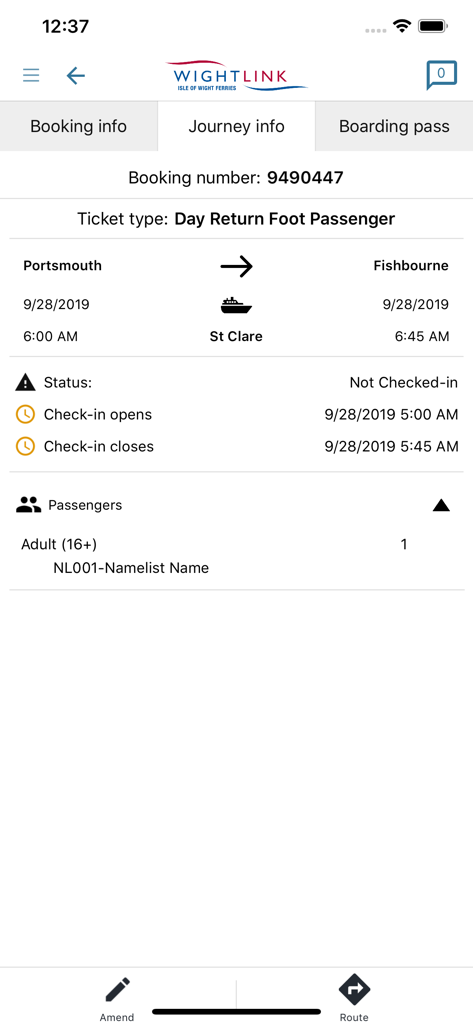 Wightlink ferry app journey info screen showing route and passenger details