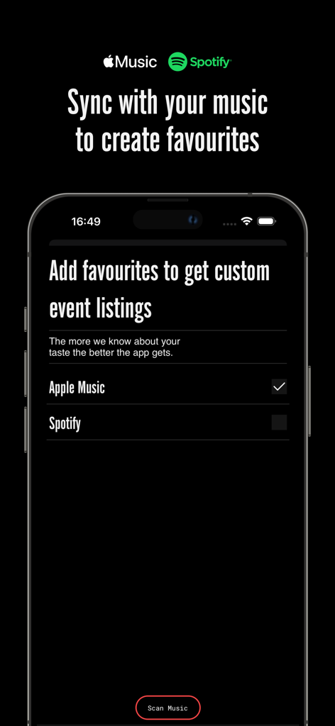 The RA Guide app interface for syncing Apple Music or Spotify to get personalized event listings.