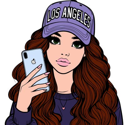 realistic beautiful girl wearing los ángeles cap holding an iphone