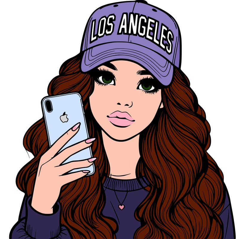 realistic beautiful girl wearing los ángeles cap holding an iphone