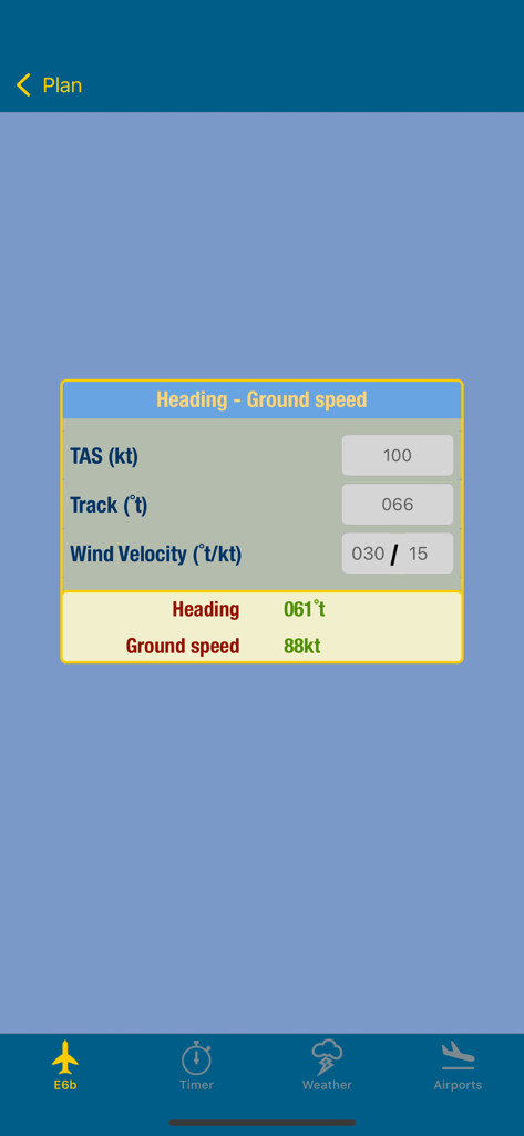 E6b Pilot - E6b Pilot app screen showing heading and ground speed calculations based on true airspeed track and wind velocity.