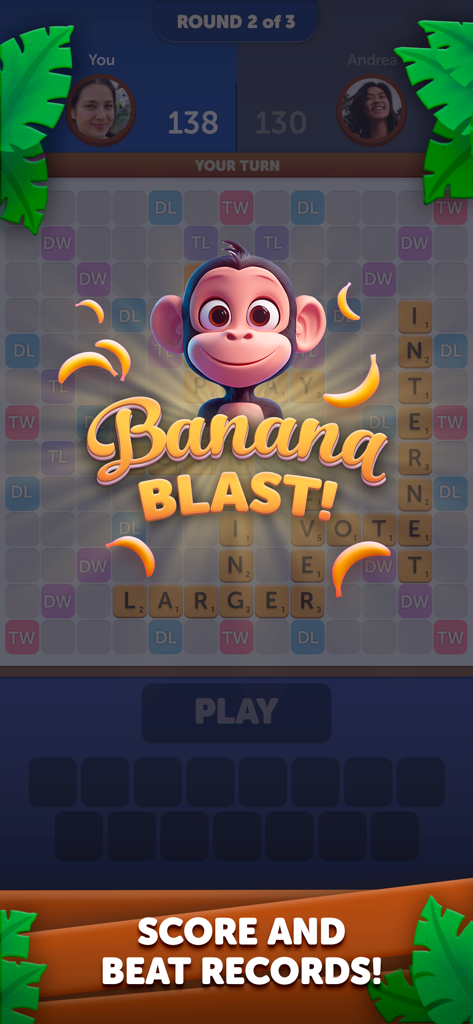 A screenshot of Monkey Words game showing a Banana Blast achievement during a head-to-head match.