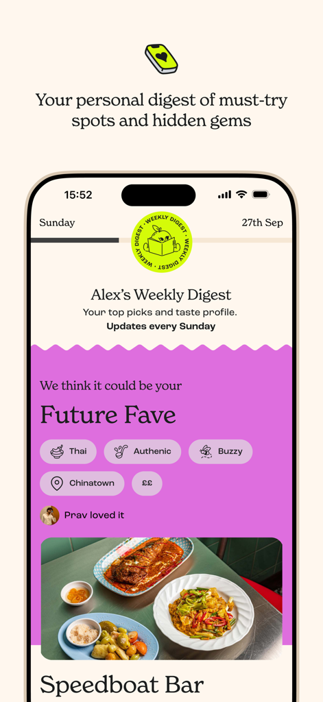 Appetite: Restaurant Tracking - Weekly digest screen in the Appetite app featuring personalized restaurant recommendations